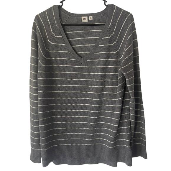 GAP Women Medium Grey Merino Wool Blend V Neck Striped Long Sleeve Sweater - Picture 1 of 8
